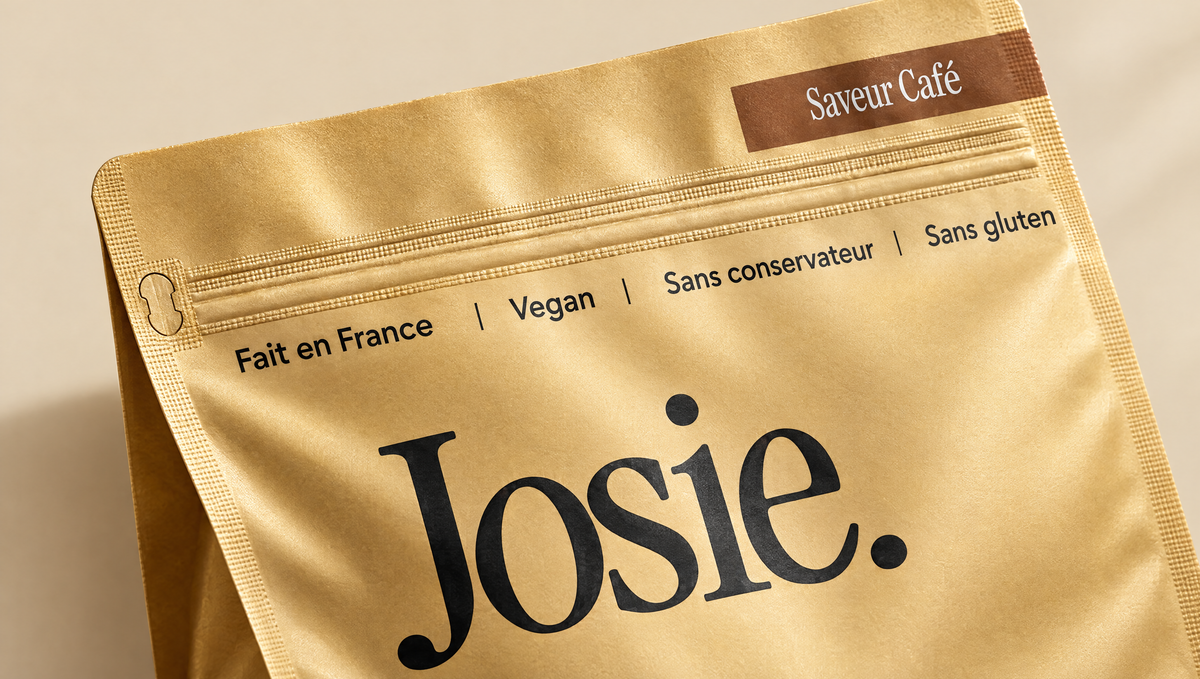 Gros plan du sachet Josie, finition soft-touch satinée dorée