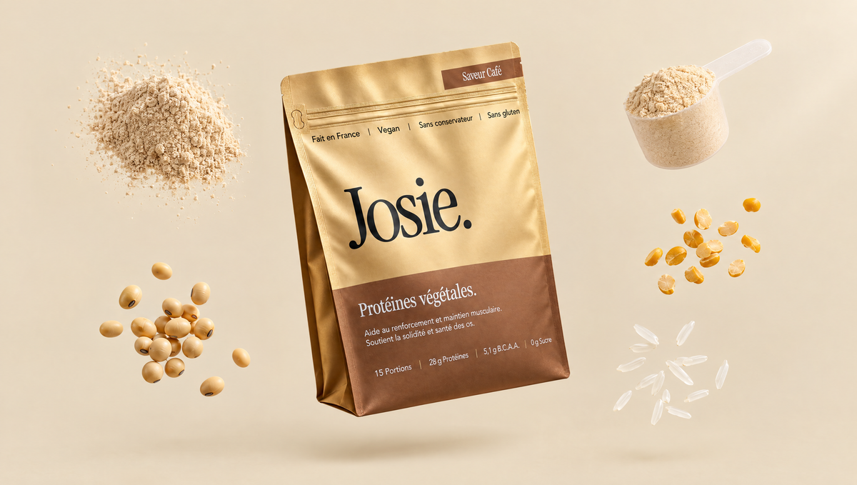 Le sachet Josie entouré de soja, pois, riz et poudre de protéines